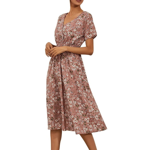 Eyelet Dress For Women, Wedding Guest Floral Dresses V Neck Short Sleeved Flowy Tunic Long Dress Pirate Women New Years Eve Dresses Gowns And Evening Dresses Maxi (M, Pink) ZMTing