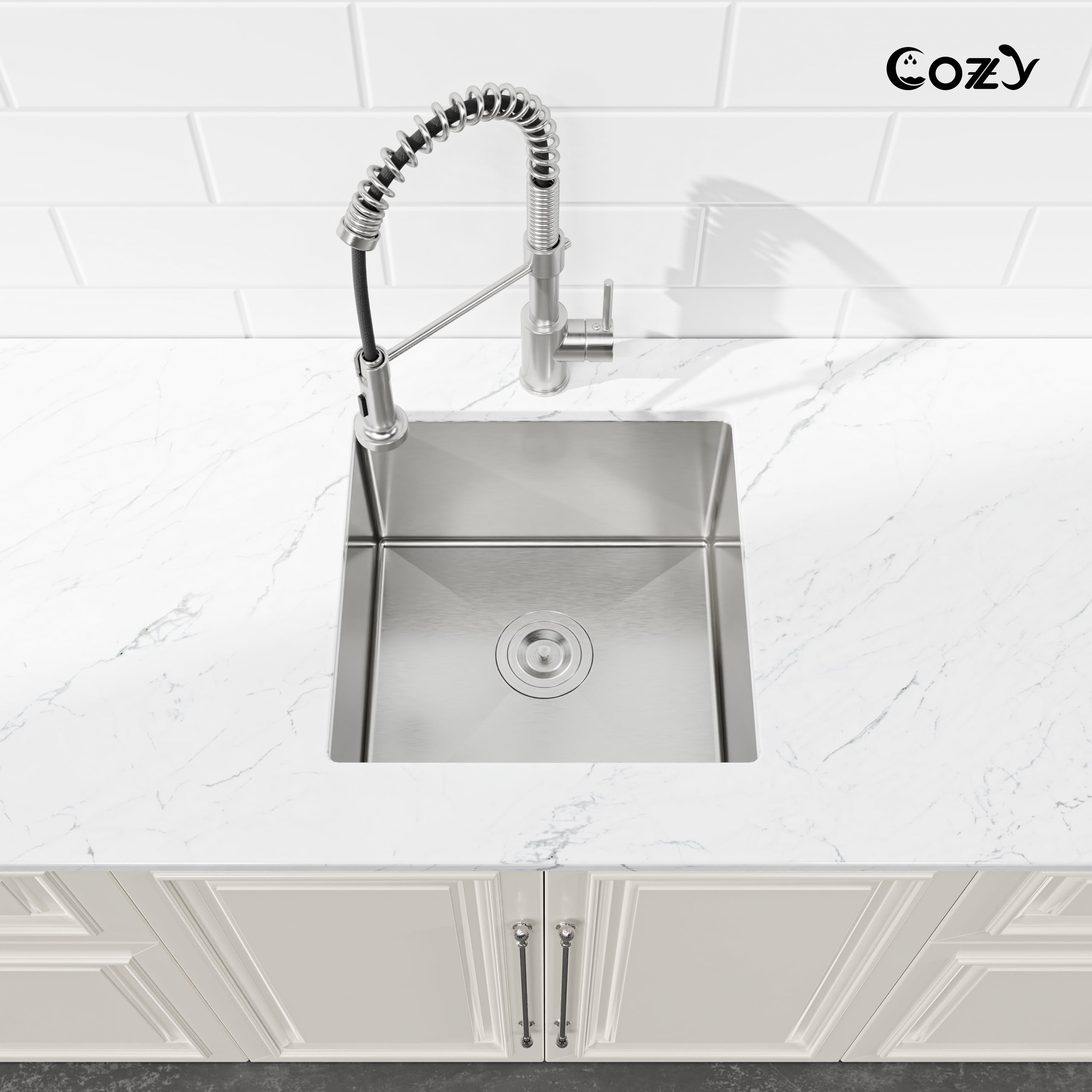 COZY 18″x18″ Stainless Steel Kitchen Sink, Single Bowl, Undermount Handmade Sink in Brushed Nickel, with US Standard Drain and Hook, SS-BR04D-181808