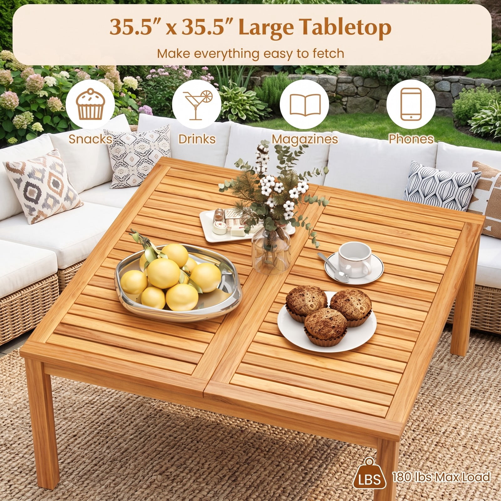 Furnibear 35.5 Inch Square Acacia Wood Patio Coffee Table with Slatted Draining Top for Backyard Poolside and Balcony, Natural