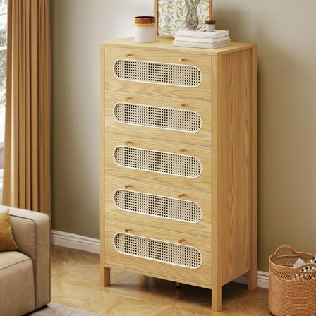 GOOBED Natural Rattan 5 Drawer Dressers - Oak Wooden Dresser Chest of Drawers with Golden Handles - Modern Large Boho Dressers Storage Cabinet for Living Room/Hallway/Entryway