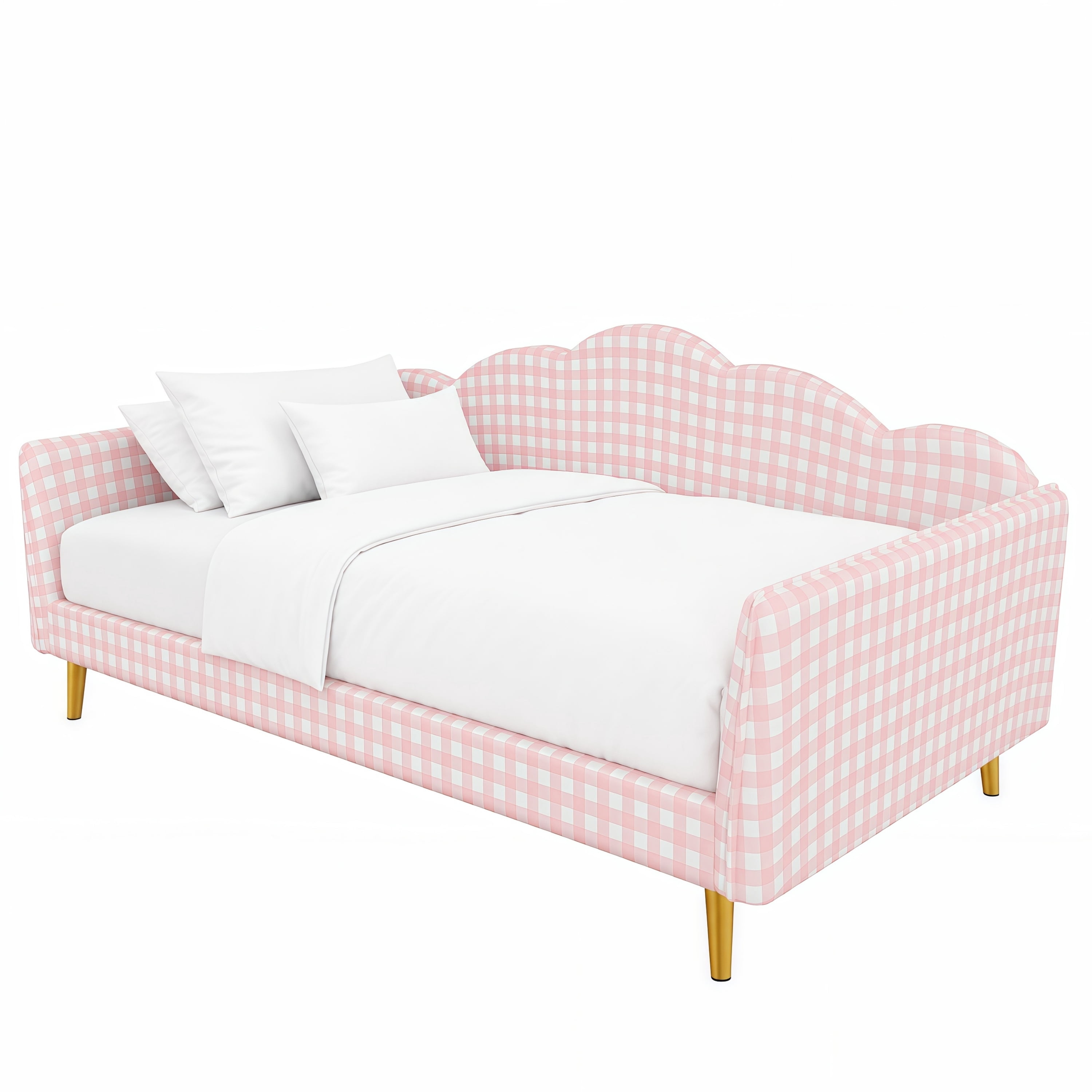 Euroco Upholstery Twin Size Daybed, Wood Sofa Platform Bed with Gingham Design and Metal Legs, No Box Spring Needed, Pink