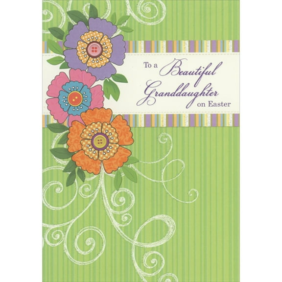 Designer Greetings Purple, Pink and Orange Flowers with Sparkling Swirling White Vine on Green Vertical Stripes Easter Card for Granddaughter