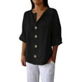 thumbnail image 2 of Oversized Tshirts for Women, Long Sleeve 3/4 Sleeve Cotton Linen Button Down V Neck Casual Blouse, Black XL, 2 of 5