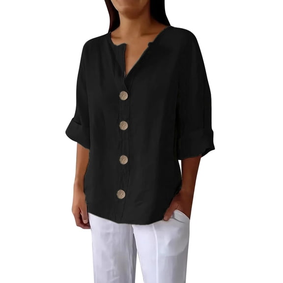Shirts For Women Long Sleeve Shirt Tops 3/4 Sleeve Cotton Linen Button Down V Neck Shirts Casual Loose Outfits Clothes Long Sleeve Shirts For Women