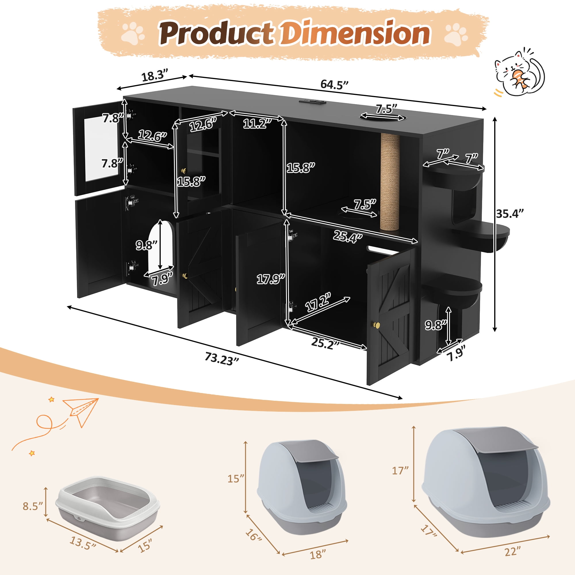 Aukfa 73.2" Cat Litter Box Enclosure TV Stand Furniture with Built-in Scratching Post & LED,Black