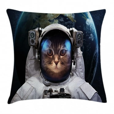 Space Cat Throw Pillow Cushion Cover, Astronaut Cosmonaut Suit Kitty with Planet Earth Backdrop in Galaxy, Decorative Square Accent Pillow Case, 18 X 18 Inches, White Green Dark Blue, by Ambesonne