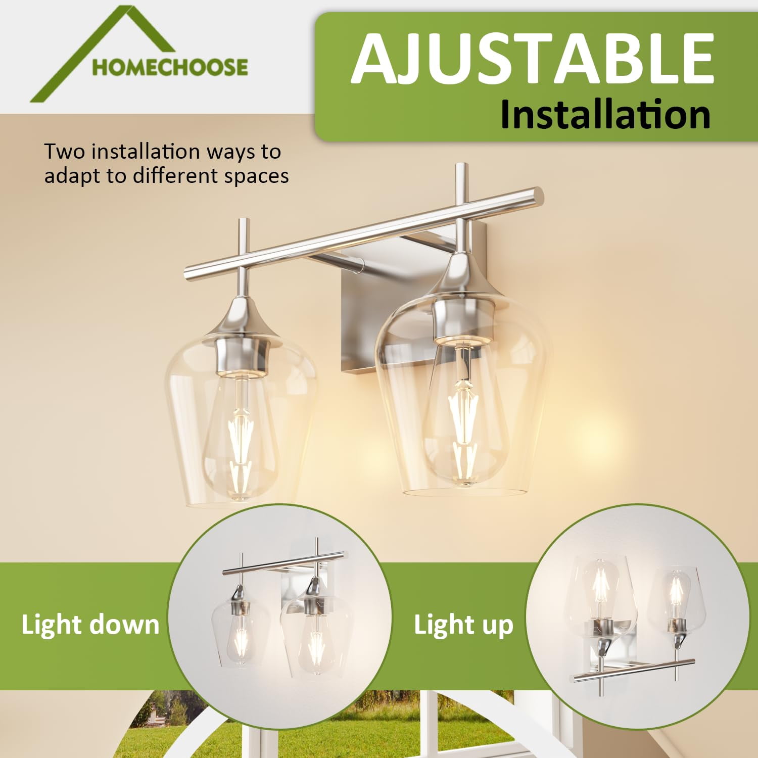 Homechoose Bathroom Light Fixtures,2-Light Bathroom Vanity Light Fixtures,Clear Glass Shade,Bathroom Lights Over Mirror,Brushed Nickel Vanity Lights for Bathroom,Wall Light Fixtures for Bathroom