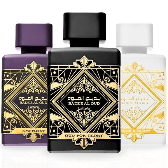 Bade'e Al Oud Glory, Bade'e Al Oud Amethyst & Bade’e Al Oud Honor & Glory Eau de Parfum Sprays 100ml (3.4 oz) by Lattafa (Bundle)
