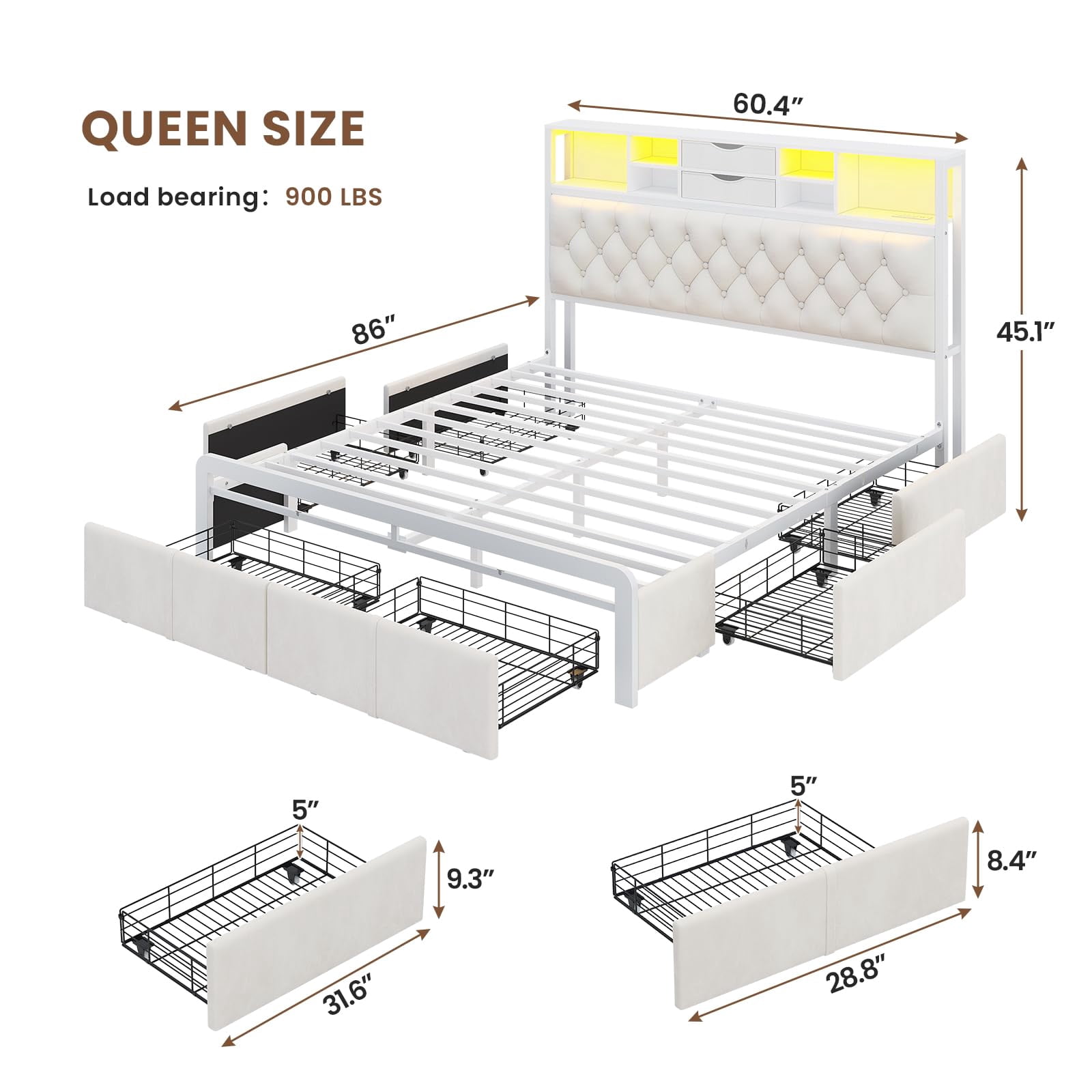 Queen Size Bed Frame with 6 Storage Drawers and Headboard, LED Lights,Charging Station,Velvet Upholstered Queen Platform Bed No Noise, No Box Spring Needed, Easy Assembly, Beige