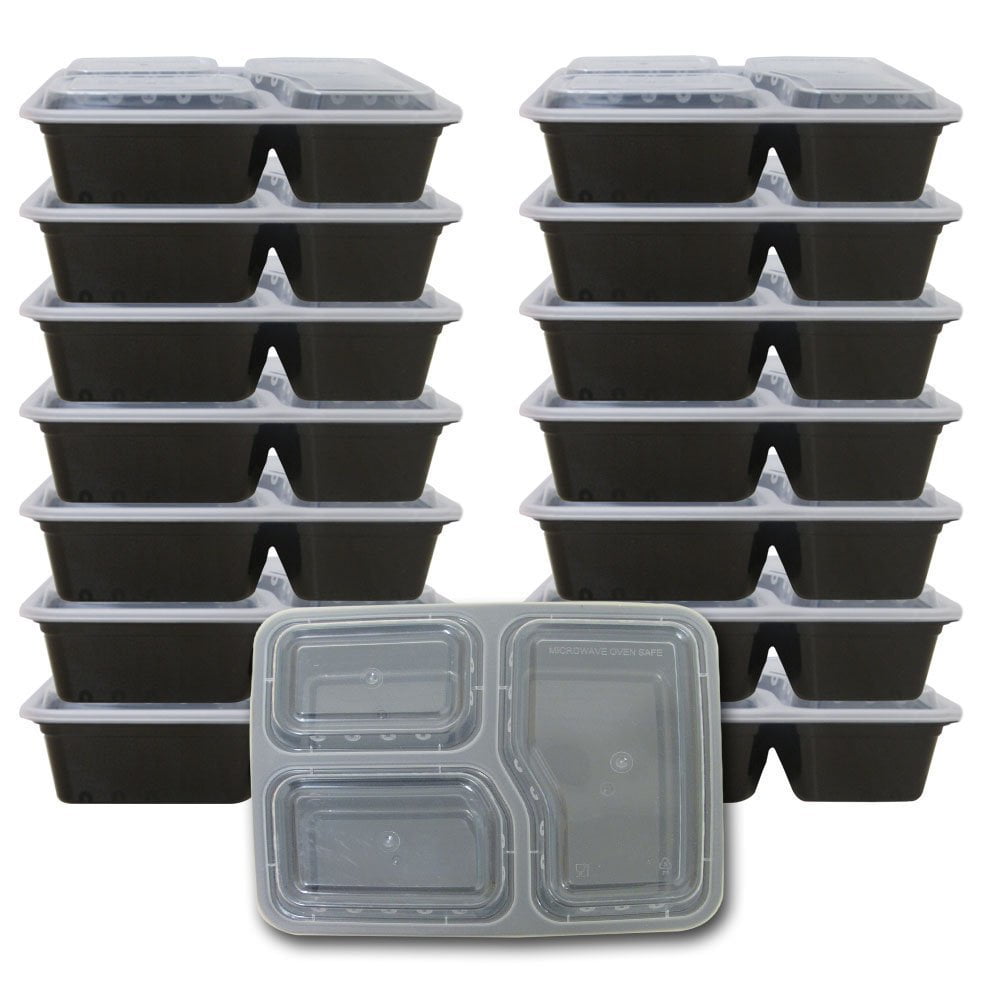 15 Pack 3 Compartment Black Food Storage Containers Lunch Bento Boxes