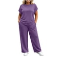thumbnail image 2 of Ynynloco Women Plus Size 2 Piece Outfits Short Sleeve Pullover Top and Wide Straight Leg Pants Lounge Sets Tracksuit with Pockets, 2 of 8
