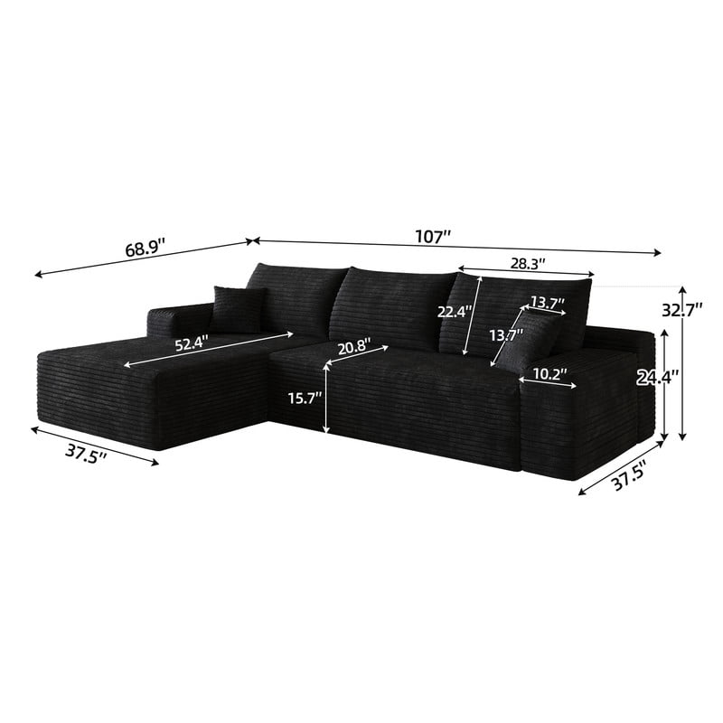 107" Cloud L-Shaped Sectional Sofa with Chaise, Modern Modular Couch with Deep Seat, Plush Corduroy Upholstered Sofa for Living Room, Bedroom & Apartment, No Assembly Required