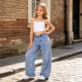 thumbnail image 2 of PMVFHDE Girls Casual Denim Pants Loose Straight Leg Wide Trousers For Kids Autumn Daily School Wear Blue,11-12 Years, 2 of 9
