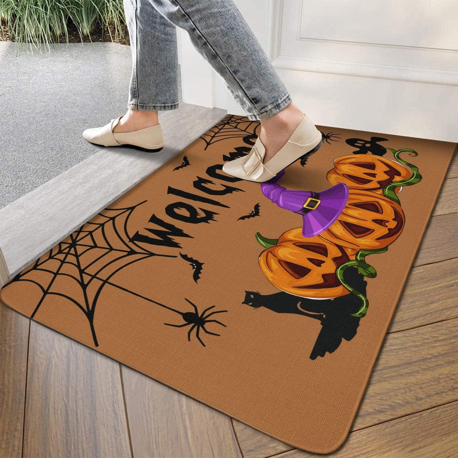 Linen Door Mat Pumpkin Dirt Resist Rug Halloween Welcome Indoor and Outdoor Front Entrance Doormat Home Decor Heavy Rubber Backing for Non Slip, 30" X 17"