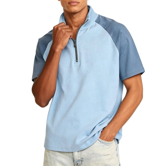 Domuza Quarter Zip Up Shirts for Men Lightweight Mock Neck Sweatshirt Casual Short Sleeve Color Block Athletic Shirt Sky Blue 3XL