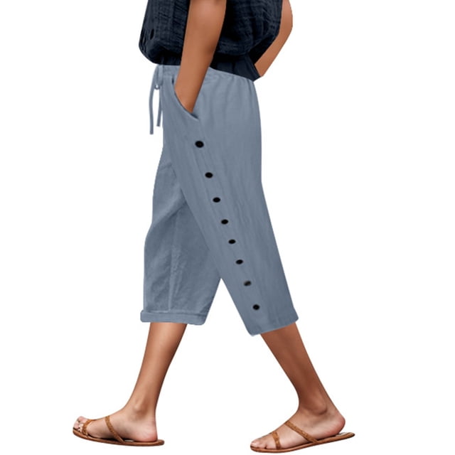 YFELWZ Women Pants Casual Elastic Waist Solid Color Loose Side Button Decoration Versatile Capris