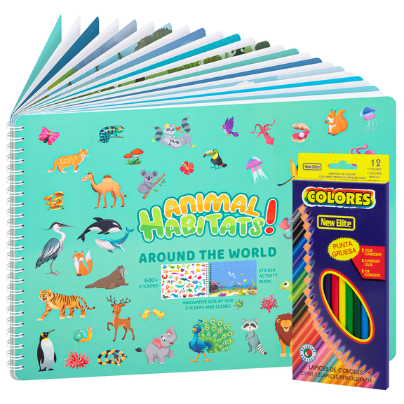 XUEYU Animal Sticker Activity Kit for Kids, 300  Animal Stickers with 14 Coloring Sheets and 12 Colored Pencils, Spiral-Bound Arts and Crafts Play Set