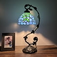 thumbnail image 3 of Tiffany Table Lamp Blue Stained Glass Green Leaves Iron Metal Leaves Bronze Base For Living Room Dining room Bedroom Bedside 21"H, 3 of 6