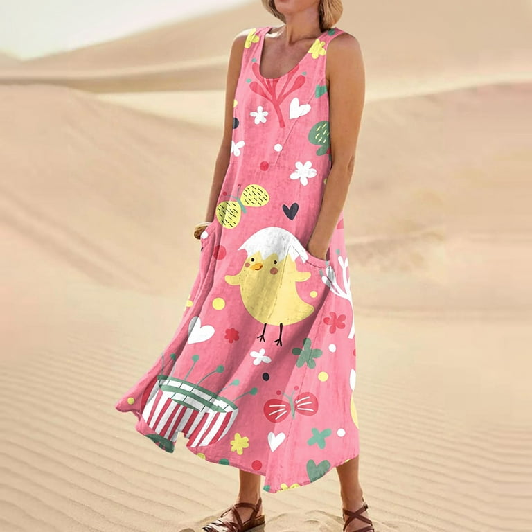 UoCefik Easter Retro Dresses for Women Vintage Sleeveless Easter Eggs  Rabbit Bunny Printed Summer Maxi Dresses Flowy Casual Sundresses Dressy  Crew Neck Loose Fit Beach Dress Pink L 