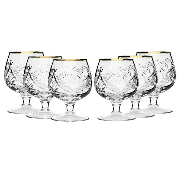 Set of 6 European Cut Crystal Cognac Scotch Whiskey Stemmed Snifter Goblet Glass, 24K Gold Rimmed 5 Oz. Vodka Liquor Old-Fashioned Glassware Hand Made