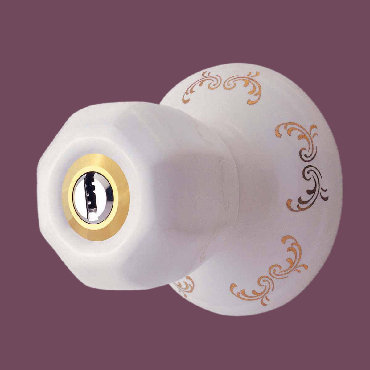 Renovators Supply Porcelain Door Lock 2 in Adjustable Backset White and Gold Hexagonal Door Knob w/Lock