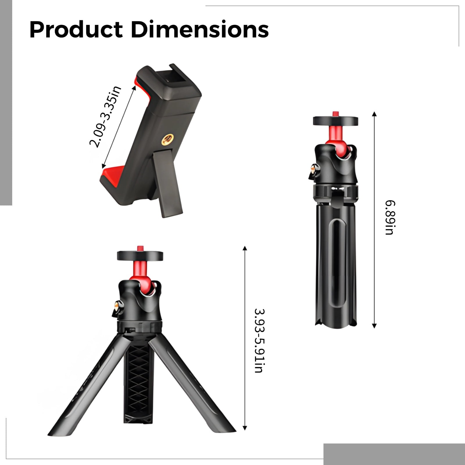 Dual Phone Tripod Stand with Ball Head Mount, Portable Desktop Phone Holder with Adjustable Clamps, Mini Camera Stand for Live Streaming Gaming Recording, Black and Red
