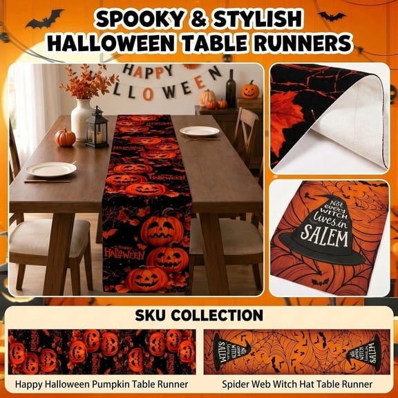 Table Runner for Party, Halloween Table Decor, Halloween Indoor Decorations, Dining Table Decor, 73 X 14 Inch Happy Halloween Pumpkin Print Halloween Table Runner, Spooky Carved