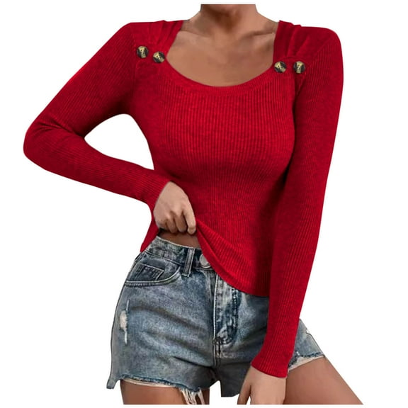 Ltctricy Women's Long Sleeve Shirts Fall Fashion Ribbed Scoop Neck Slim Basic Knitted Tunic Tops Going out Tee Blouses(Red,X-Large)