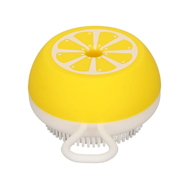 Cepillo de baño para mascotas, masaje de cerdas suaves, exfoliante de silicona, cepillo de ducha para el cuidado de perros y gatos con dispensador de champú, cepillo fino amarillo