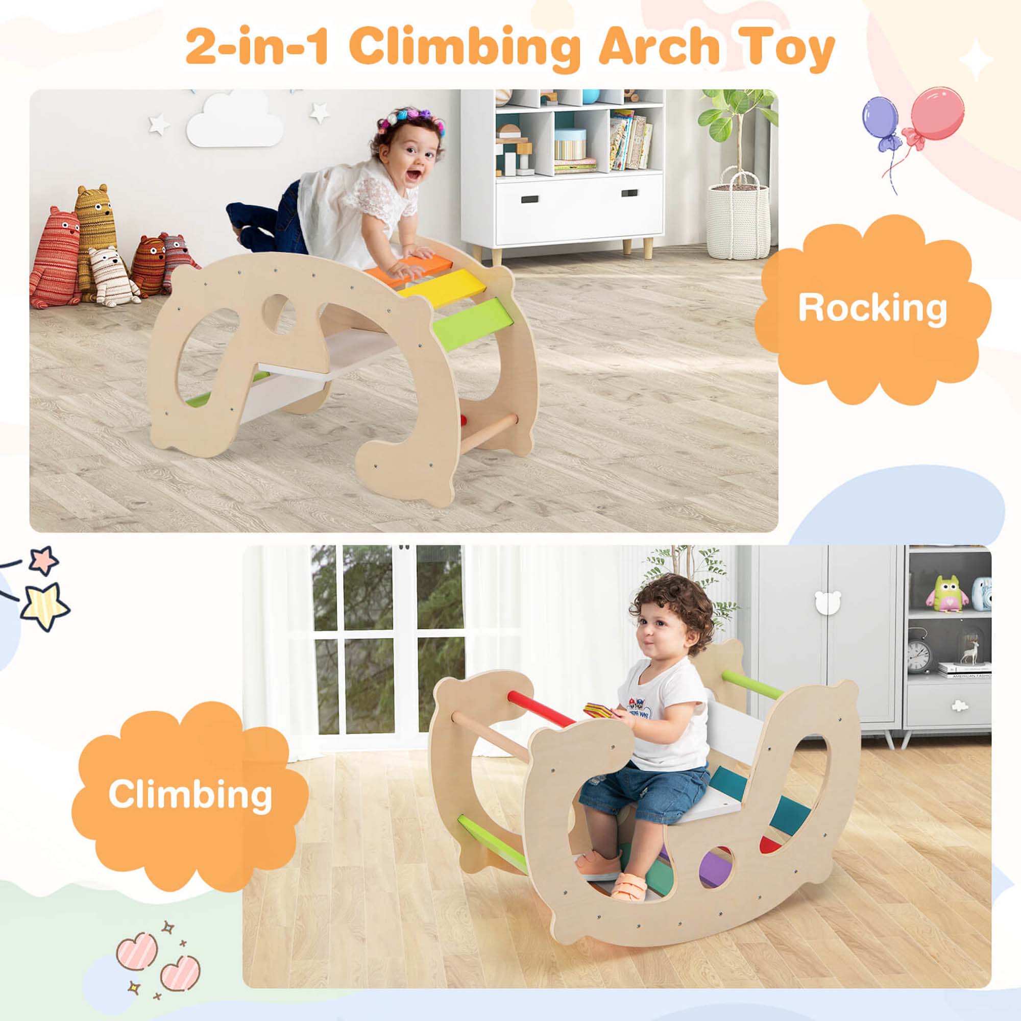 Costway 2-in-1 Rocking Horse Arch for Kids Montessori Climbing Toys with Rocker Multi-color