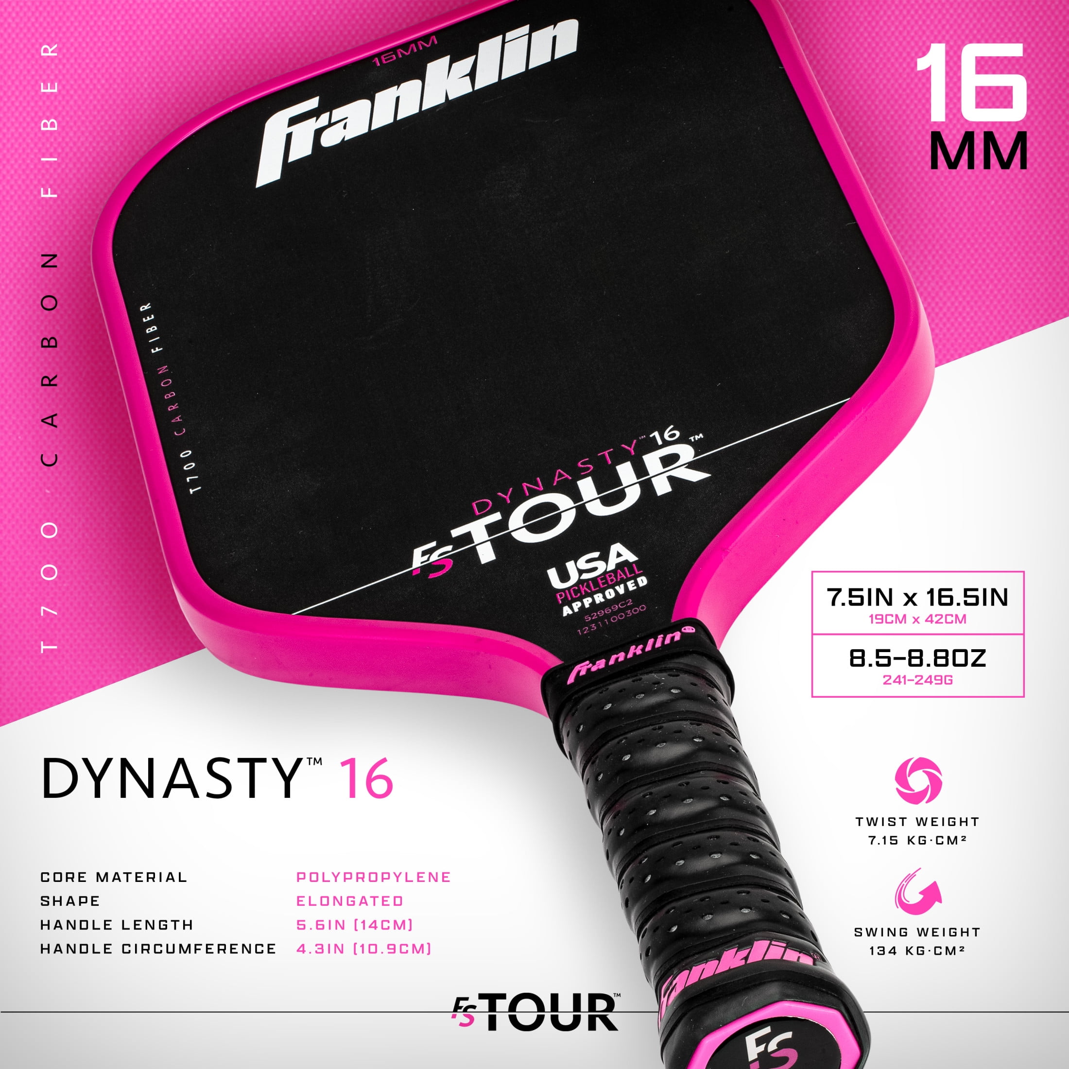 Franklin Sports Pro Pickleball Paddles - FS Tour Series Carbon Fiber Pickleball Paddles - Official USA Pickleball (USAPA) Approved Paddles - Dynasty Pro Player Paddle - 16mm Polymer Core - Pink