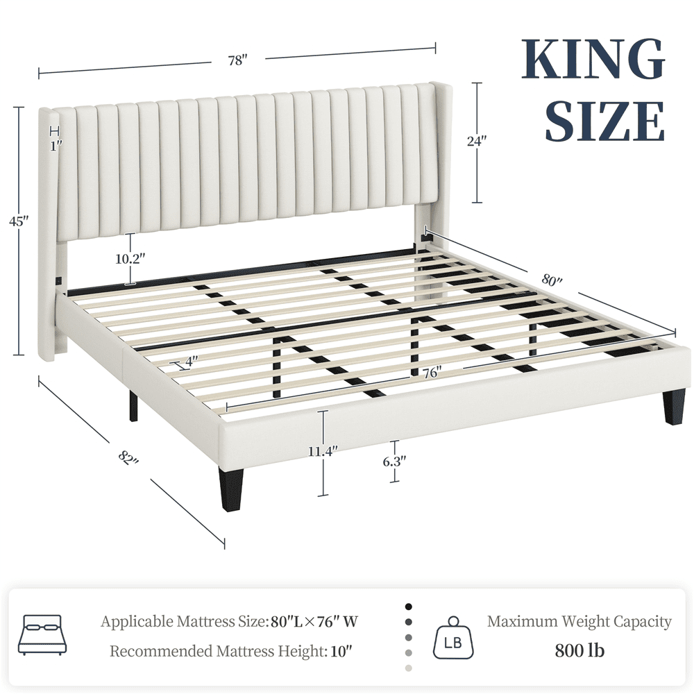 Renwick Wingback Upholstered Platform Bed Frame, King, Ivory