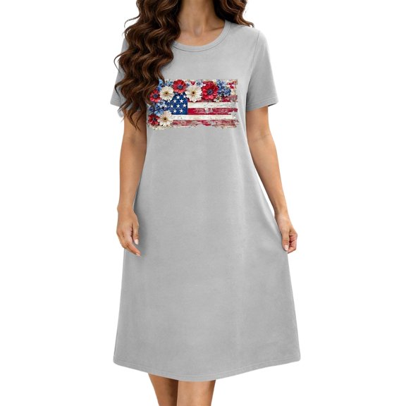 ROHUUQUE Women's Plus Size Short Nightgown Short Sleeve Round Neck Pjs Dresses Fourth of July Chest Print Loose Casual Night Dresses