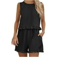 thumbnail image 3 of Feancey Linen Plus Size Sets for Women 2 Piece Vacation Outfits Summer Crop Tank Tops and Ruffle Shorts Lounge Set Solid Color Casual Travel Outfit Black 3XL, 3 of 10