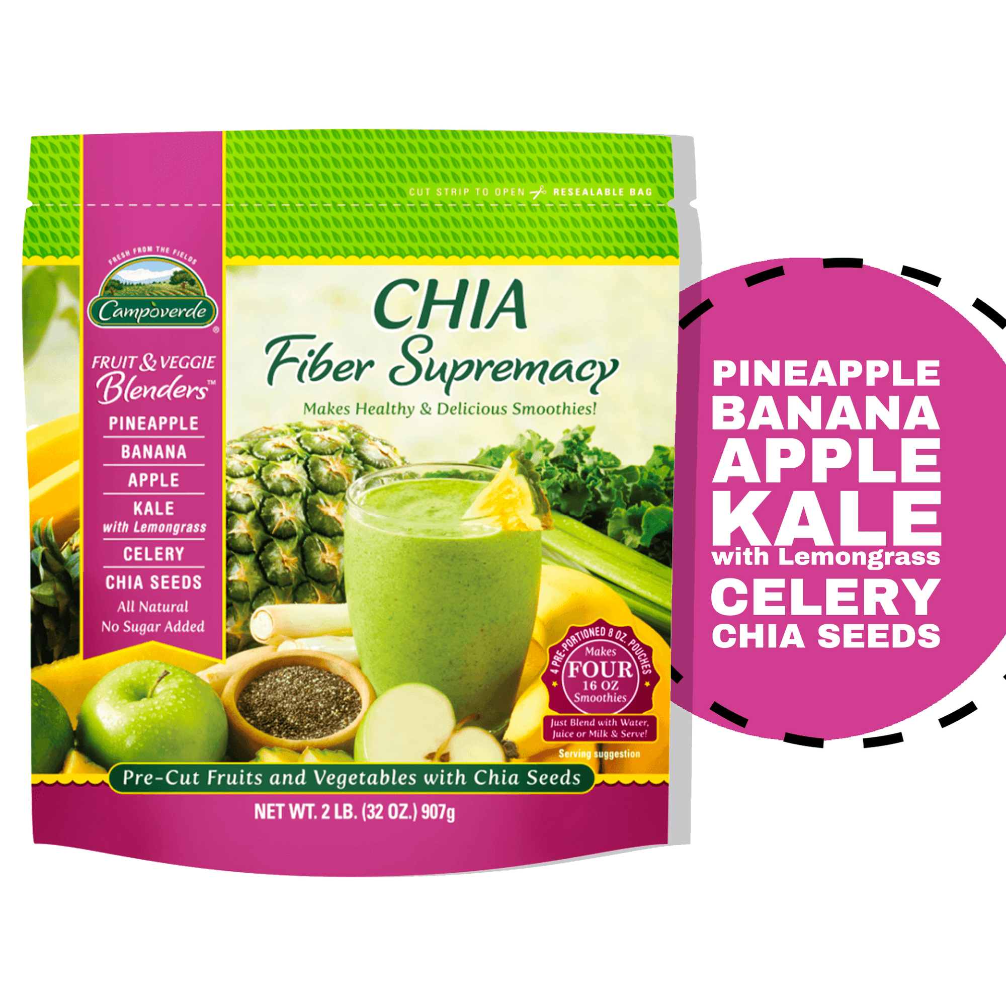 Campoverde Fruit & Veggie Blenders Chia Fiber Supremacy Smoothie Packs,Pineapple-Kale-Banana-Apple-Celery, 32 oz, 4 Pk