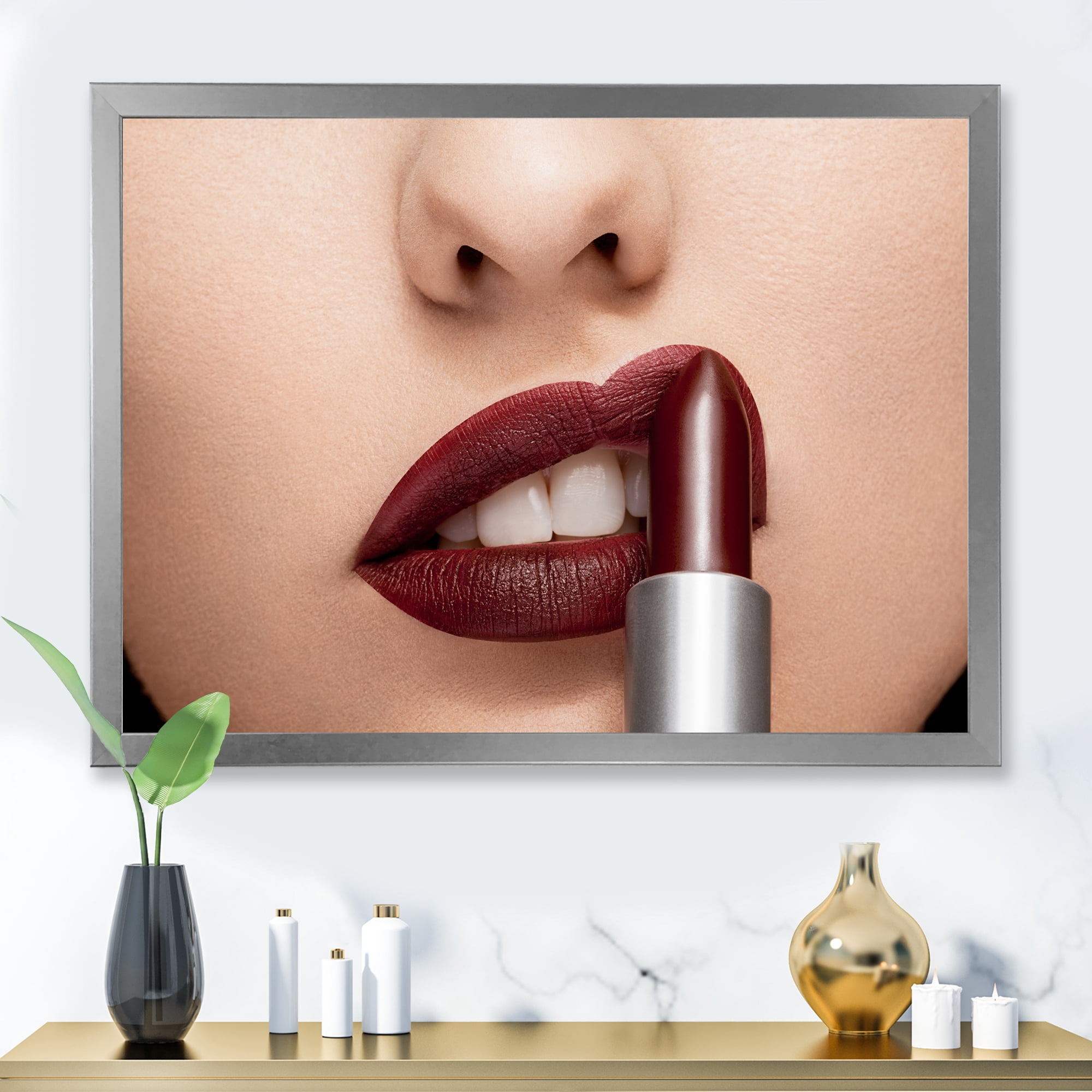 Designart 'Woman Applying Red Lipstick On Lips II' Modern Framed Art Print
