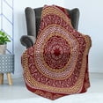 thumbnail image 4 of Greek Key Soft Flannel Fleece Throw Blanket, Round and Square Ornament Meander with Floral Motifs and Spirals, Cozy Plush for Indoor and Outdoor Use, 50" x 60", Ruby Pale Yellow White, by Ambesonne, 4 of 5
