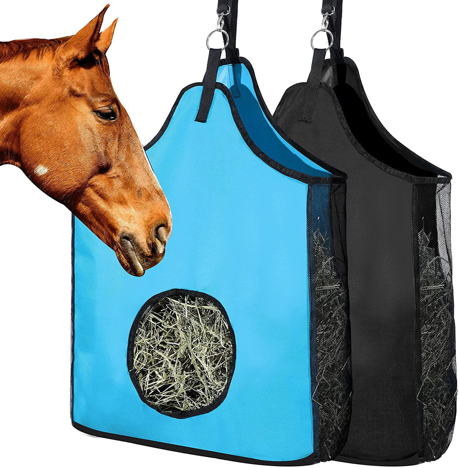 2 Pieces Horse Hay Bag Large Feeding Hay Bag 600D Nylon Horse Hay Tote Bag Horse Feeder Sack Storage Bag with Metal Rings for Horse Sheep Cow Goats 