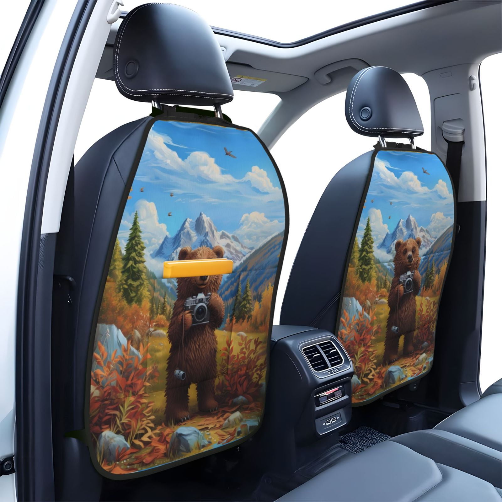 Xecao Snowy Mountain Photography Bear Pattern Car Seat Back Protector 2 Pack Large Capacity Pocket, Kick Mats Back Seat Protector