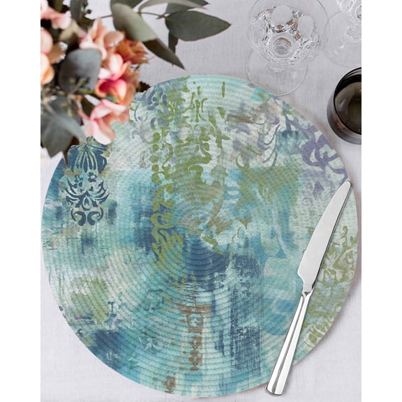 15 Inch Round Placemats Set of 4, Blue Sage Green Boho Non Slip Heat Insulation PP Table Mats, Vintage Ethnic Tribe Abstract Art Washable Place Mats for Kitchen Dining Party Table Decor
