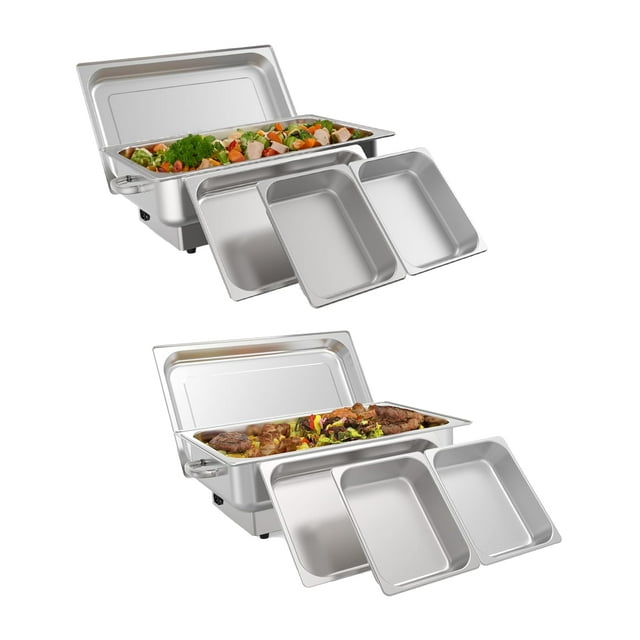 QinaQin Juego de 2 chafing dishes eléctricos de 9 QT en acero inoxidable, incluye charola completa y 2 medias charolas, ideal para buffet y eventos