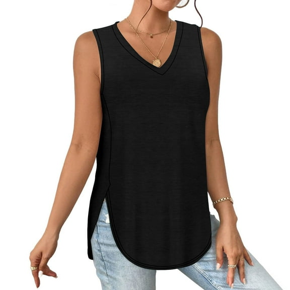 CFLVAEK Women Solid Tank Tops V Neck Sleeveless Side Split Moisture Wicking Tops Loose Fit Curved Hem Athletic Sport Shirts