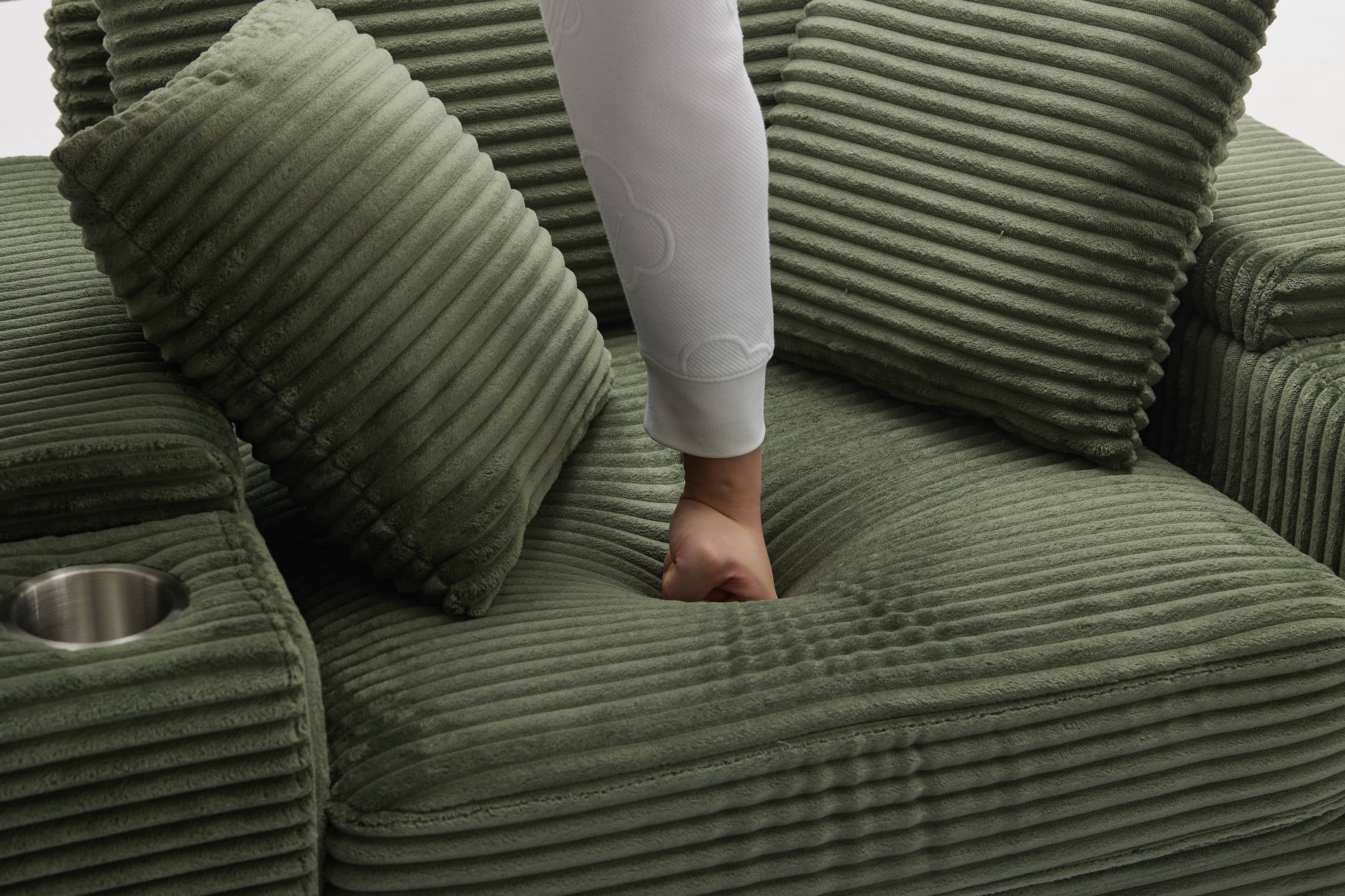 Chaise Lounge Chair Indoor Furniture, Corduroy Upholstered Chaise Lounge Sofa, Deep Seat Sofa with Handrail storage and Cupholders, Movable ottoman, Detachable Cushions for Living Room Bedroom,Green