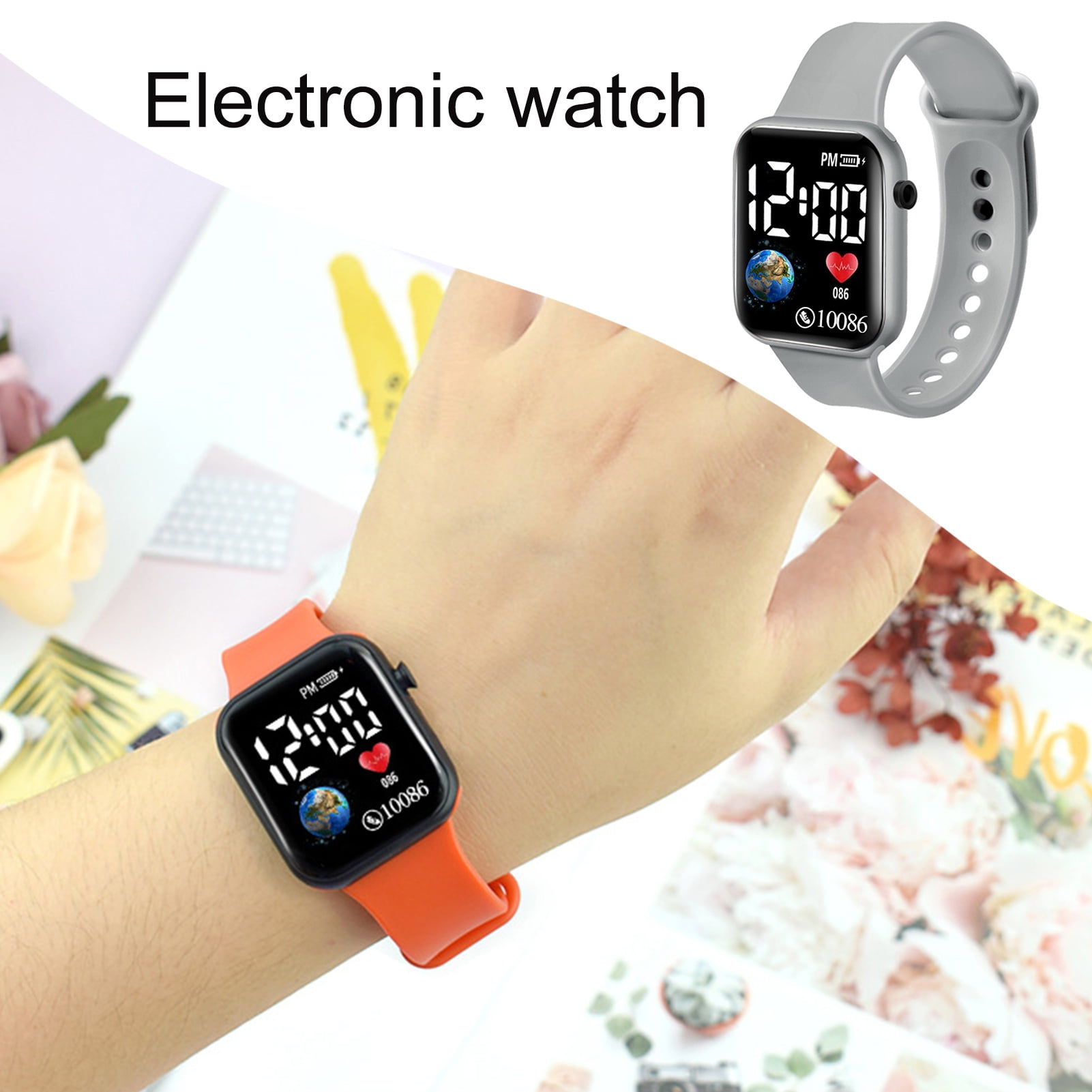Opvise LED Electronic Watch Waterproof Adjustable Soft Silicone Strap Square Earth Dial s Casual Sports Digital Wristwatch Birthday Gift