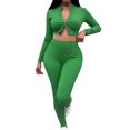 thumbnail image 1 of Conjunto de traje de pantalón largo informal y top ajustado recortado con cremallera y cuello redondo de manga larga de color liso para mujer Pompotops qwe23743, 1 of 9