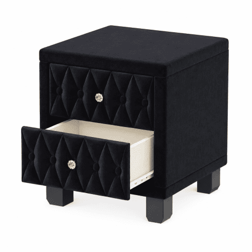 Elegant Velvet Nightstand with 2 Drawers and Crystal Knobs, Button-Tufted Storage Bedside Table, Black