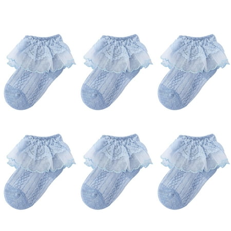 

6Pairs 1-12years Cotton Eyelet Flower Socks Toddler Baby Child Girls Ruffle Lace Ankle Cotton Dress Socks Princess Summer[Blue M(1-3Years)]