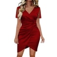 thumbnail image 3 of Womens Dresses Summer Colored Loose and Satin Short-sleeved V-neck Pleated Dress L, 3 of 7
