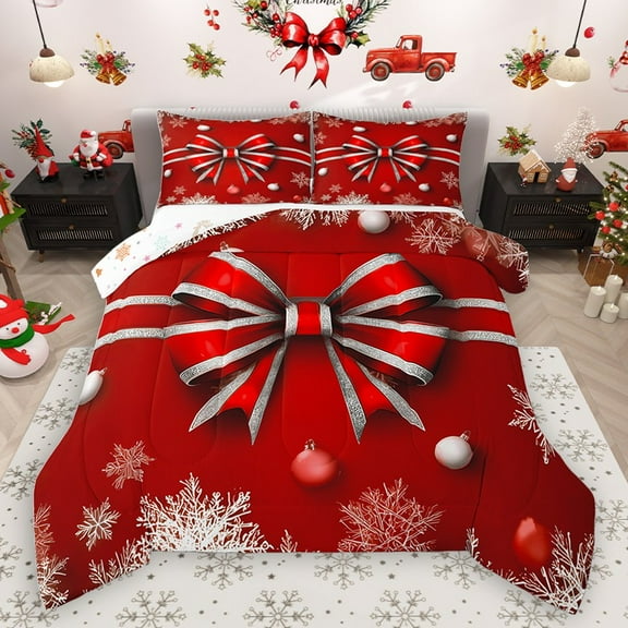 Homewish Red Bow 2pcs Bedding Comforter Set for Teens Boys Girls,Merry Christmas Snowflake Twin Comforter Sets,Bling Glitter Breathable Bedding Set,Microfiber Bedroom Decor,Reversible