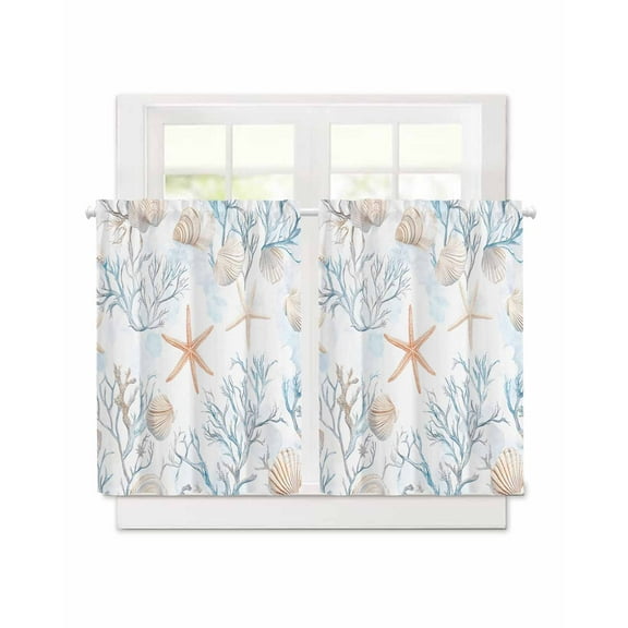 Coral Starfish Short Blackout Curtains 36 Inch Long Ocean Coastal Summer Nautical Retro Rod Pocket Kitchen Curtains, 2 Panels Thermal Insulated Room Darkening Drapes for Bedroom, 30"W x 36"L